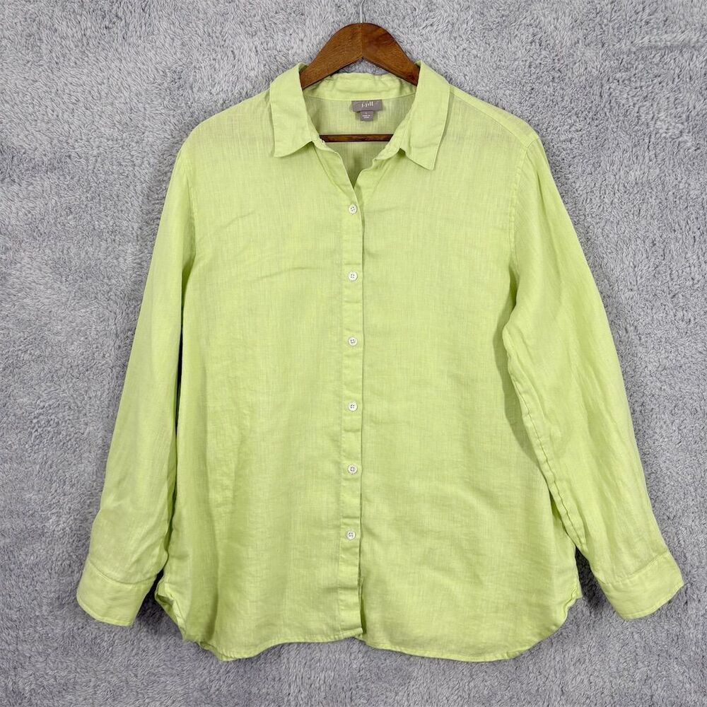 J. Jill Linen Long Sleeve Button Up Shirt Size L Pastel Lime Green Summer Casual